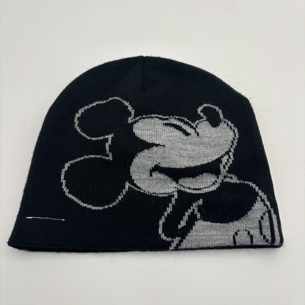 Disney Mickey Mouse Black Gray Knit Beanie Character Graphic Winter Hat Cap